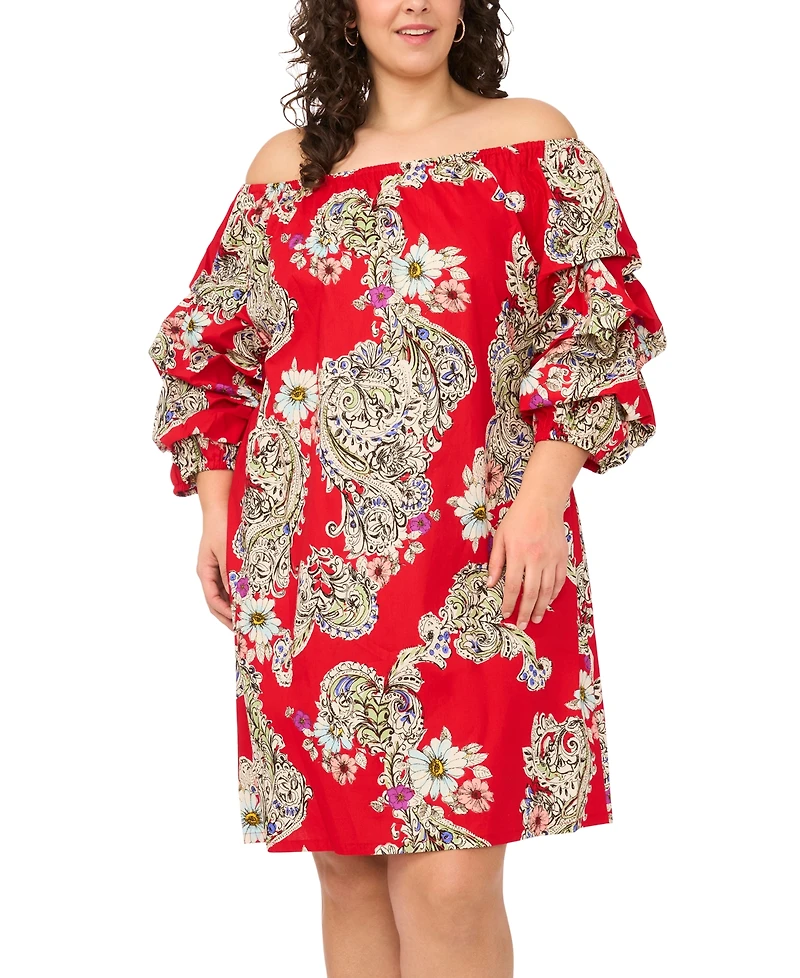 Msk Plus Printed Cotton Off-The-Shoulder Dress
