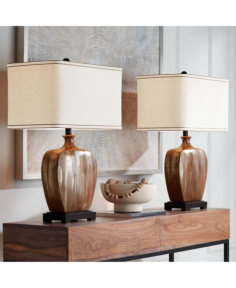 Possini Euro Design Julius Modern Table Lamps 27" Tall Set of 2 Ceramic Copper Drip Rectangular Fabric Shade for Bedroom Living Room Bedside Offi