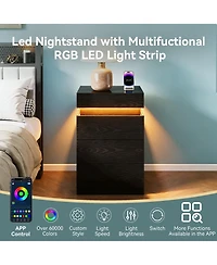 Rainsken Nightstand with Built-In Charging Station and Led Lighting, Modern Wooden End Side Table with 3-Drawer and Sliding-Top for Bedroom