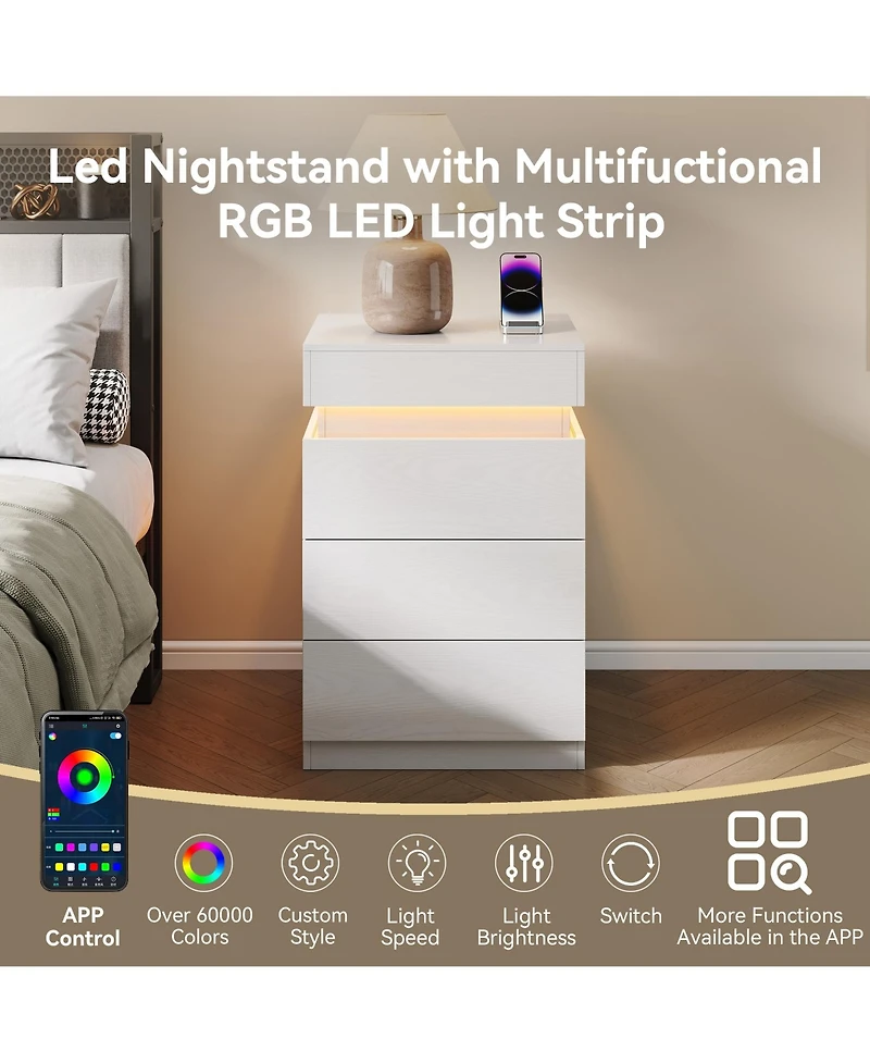 Rainsken Modern Wooden Nightstand with Charging Station and Led Light, 3 Drawers and Sliding Top Design, Multifunctional Bedside Table for Bedroom