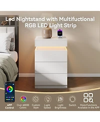 Rainsken Modern Wooden Nightstand with Charging Station and Led Light, 3 Drawers and Sliding Top Design, Multifunctional Bedside Table for Bedroom