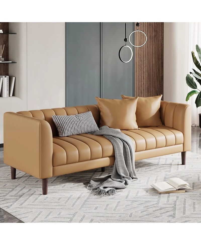 gaomon 83" Faux Leather Sofa, 3-Seater Couch with Pillows, Deep Seat and Wood Legs