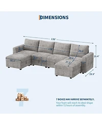 gaomon 141" Sectional Sofa, U-Shaped Cloud Couch with Storage and Ottoman, 6-Seat Chenille Sofa