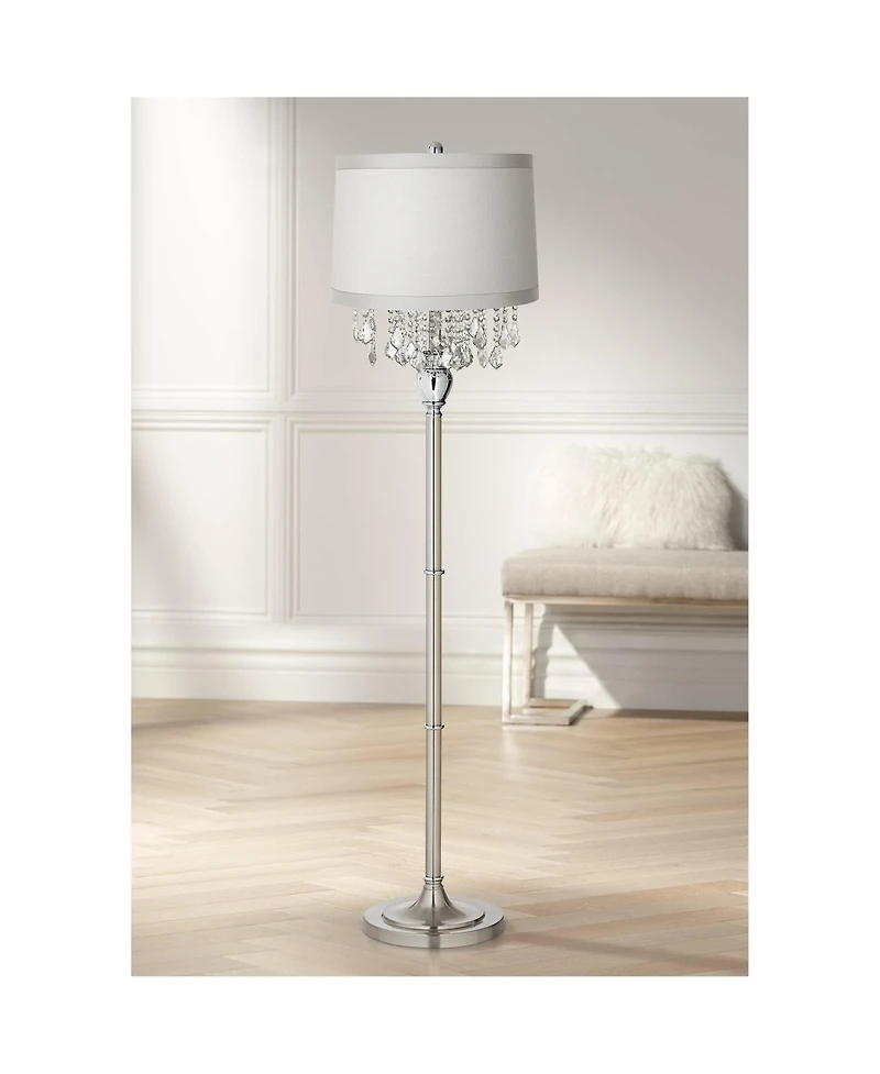 360 Lighting Modern Floor Lamp Standing 60 1/2" Tall Satin Steel Crystal Fabric Drum Shade for Living Room Bedroom Office House Home