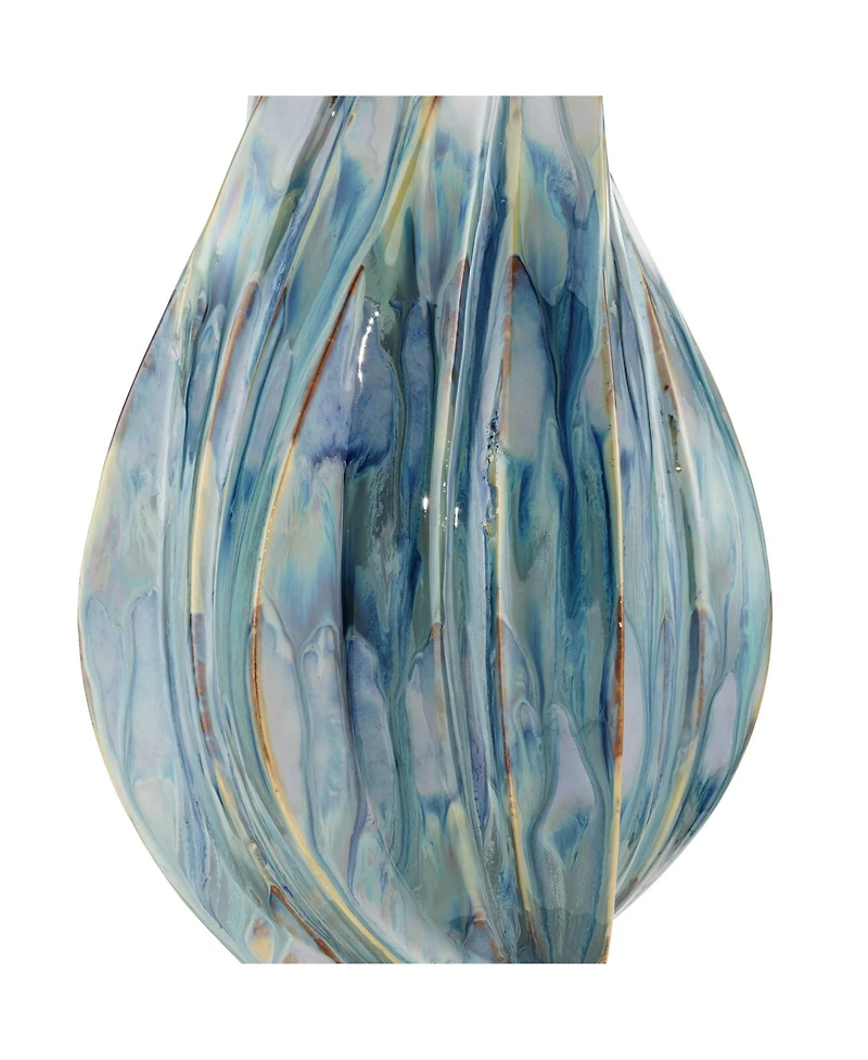 Possini Euro Design Teresa Modern Coastal Table Lamp with Round Riser 32 1/2" Tall Teal Drip Ceramic Drum Shade for Bedroom Living Room