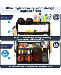 Yigii Organizer 37 Gallon Ball Storage Bin Steel shelf Baskets Hooks Elastic Straps Wheels