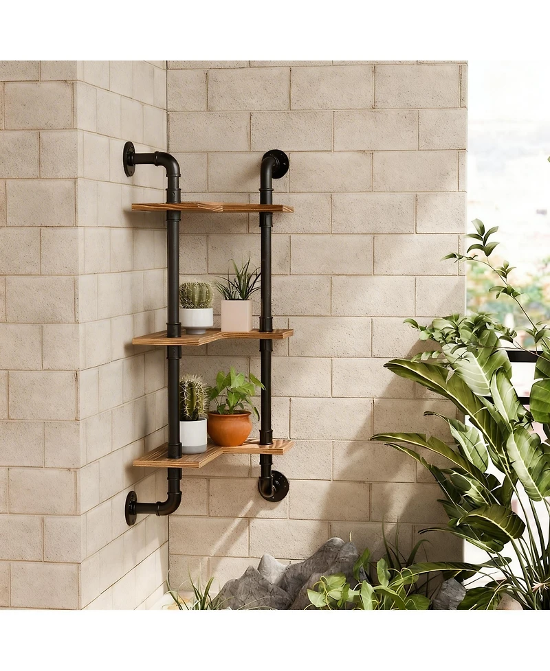 Yigii Industrial Pipe Shelving Pine Wood Floating Bathroom Shelves Wall Mounted L Shaped Corner Shelf