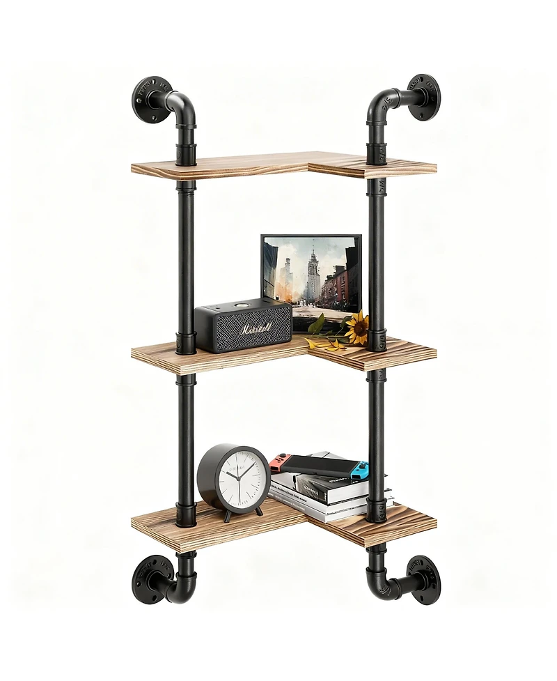Yigii Industrial Pipe Shelving Pine Wood Floating Bathroom Shelves Wall Mounted L Shaped Corner Shelf