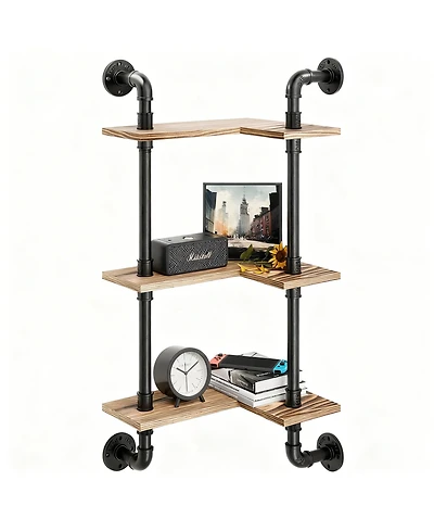 Yigii Industrial Pipe Shelving Pine Wood Floating Bathroom Shelves Wall Mounted L Shaped Corner Shelf