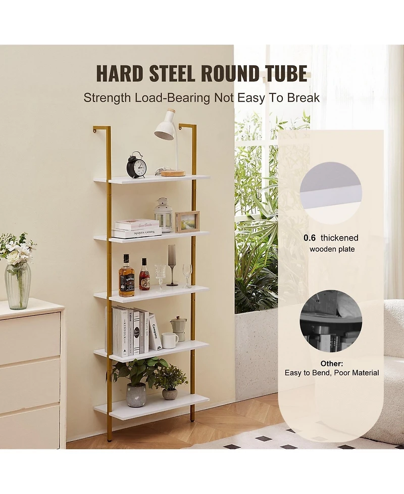 Gouun 5 Tier Ladder Shelf Wall Mounted Bookshelf with Metal Frame