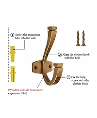 Yigii 5 Pack Double Coat Hat Hooks Antique Brass Wall Mounted Towel Hanger for Backpack Purse Organization