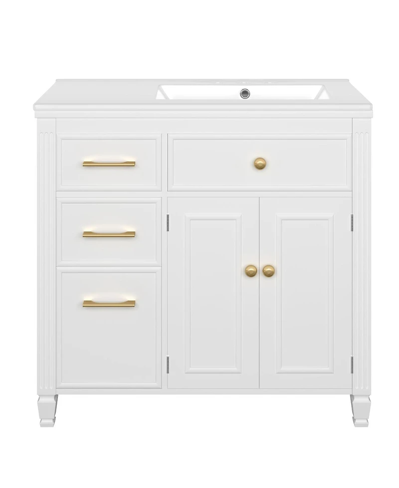 Sillysis 36" Bathroom Vanity with Ceramic Sink, Freestanding Cabinet with Tip-Out & Side Drawers, Adjustable Shelf, Modern Storage.