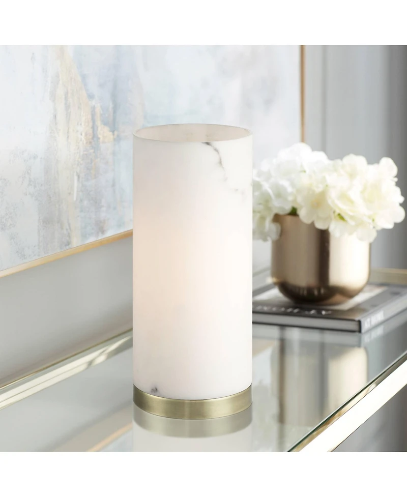 360 Lighting Renier High Small Cylinder Modern Glam Accent Table Lamp Faux Alabaster Brass Finish Metal Living Room