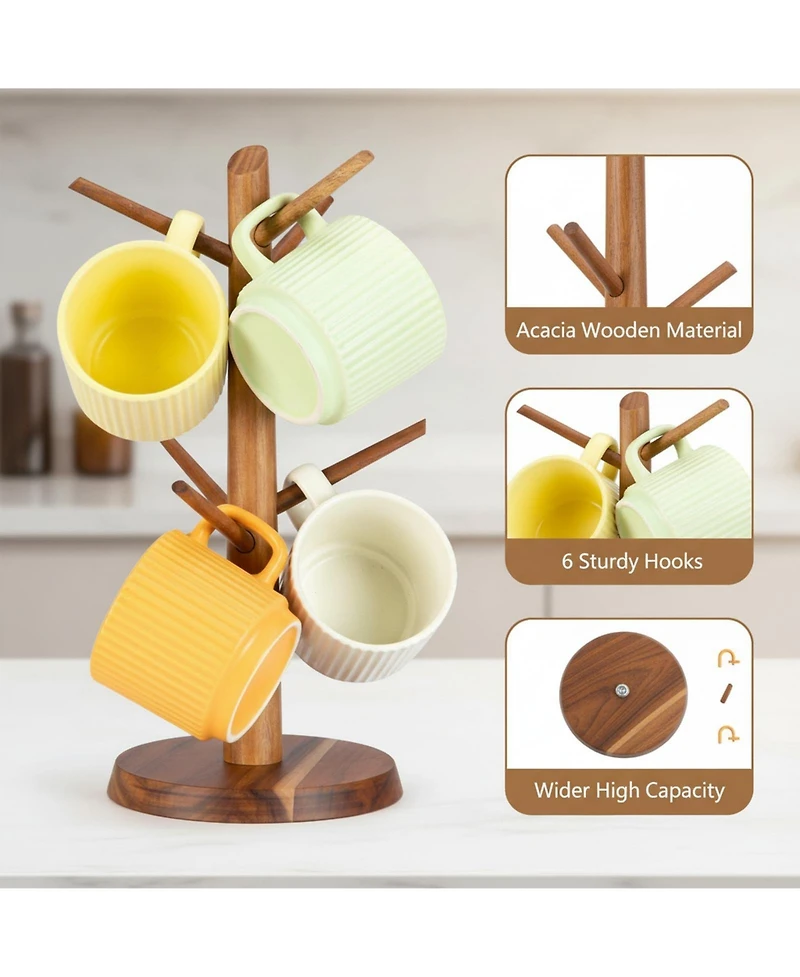 Yigii Premium Wood Mug Tree Marble Base 6 Hooks Counter Organizer