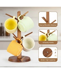 Yigii Premium Wood Mug Tree Marble Base 6 Hooks Counter Organizer