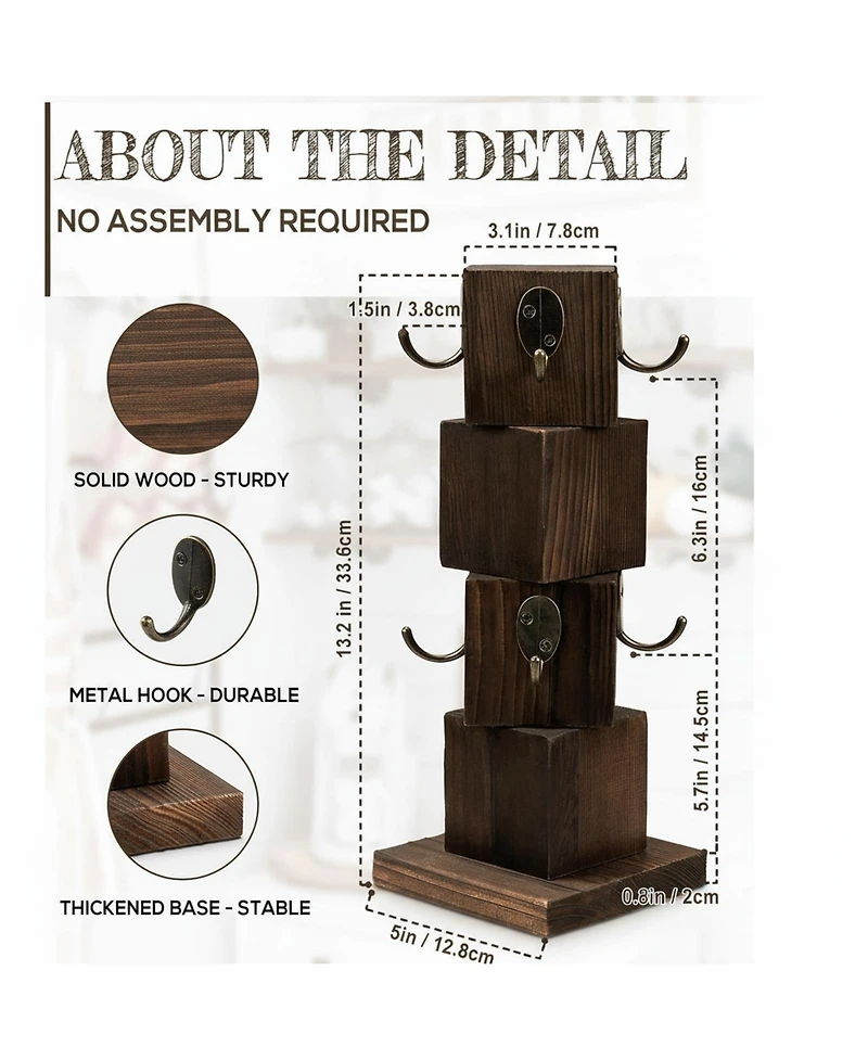 Yigii Rustic Solid Wood Coffee Mug Holder Tree 8 Hooks Farmhouse Cup Rack