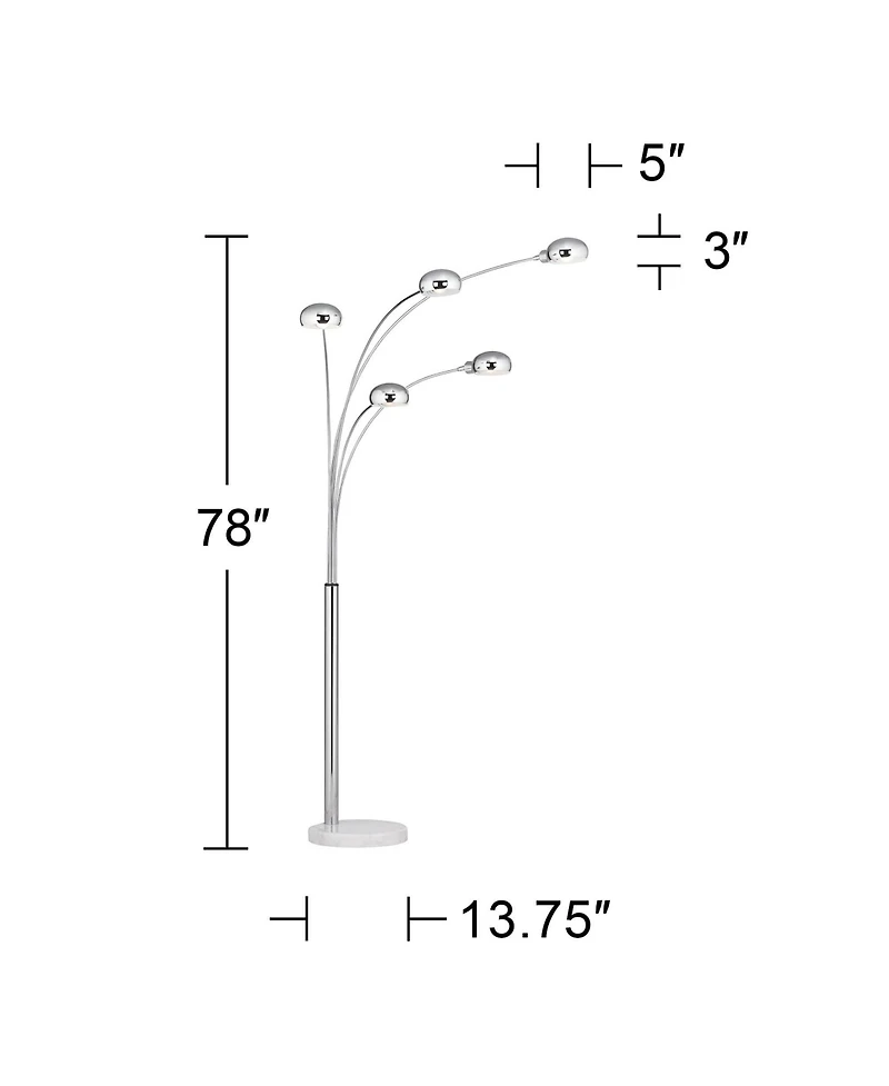 Possini Euro Design Infiniti Mid Century Modern 78" Tall Arc Floor Lamp with Smart Socket Chrome 5-Light Swivel Dome Shade for Living Room