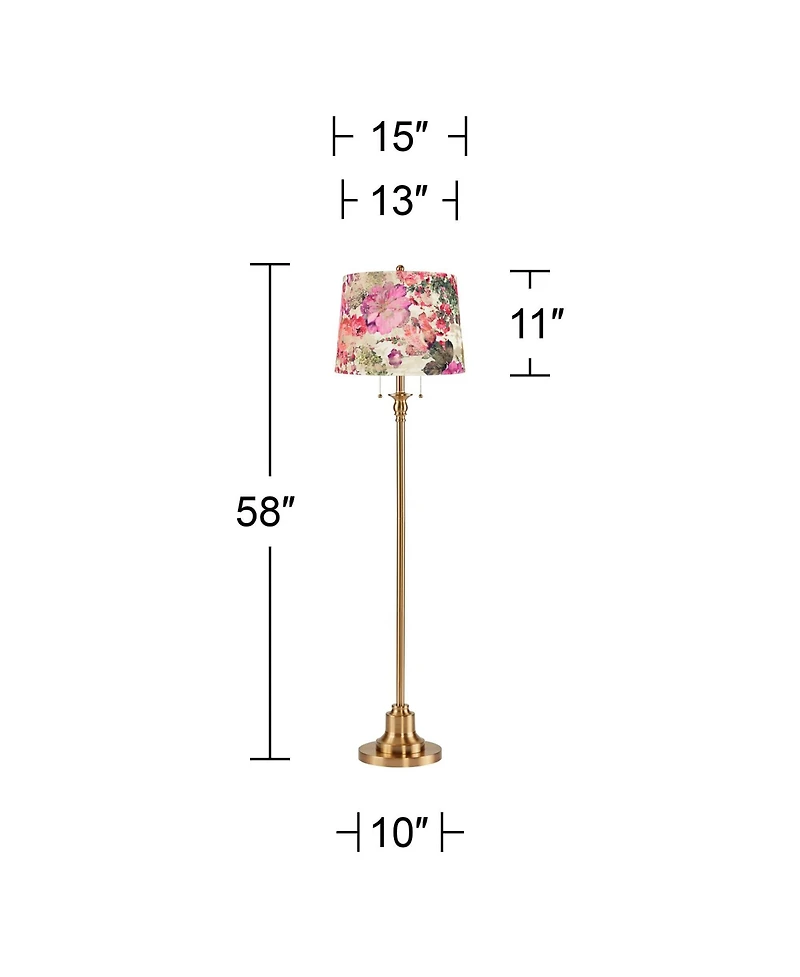 360 Lighting Dyna Traditional Tall 2-Light Standing Floor Lamp Pole Pull Chain Antique Brass Finish Floral Velvet Shade