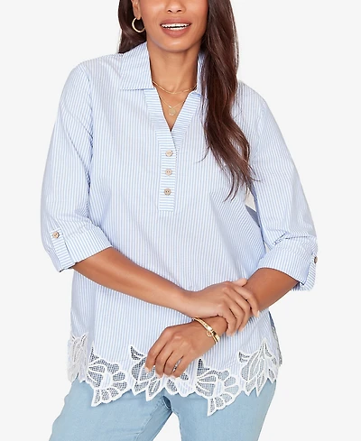 Ruby Rd. Petite Coastal Stripe Lace-Hem Henley Top