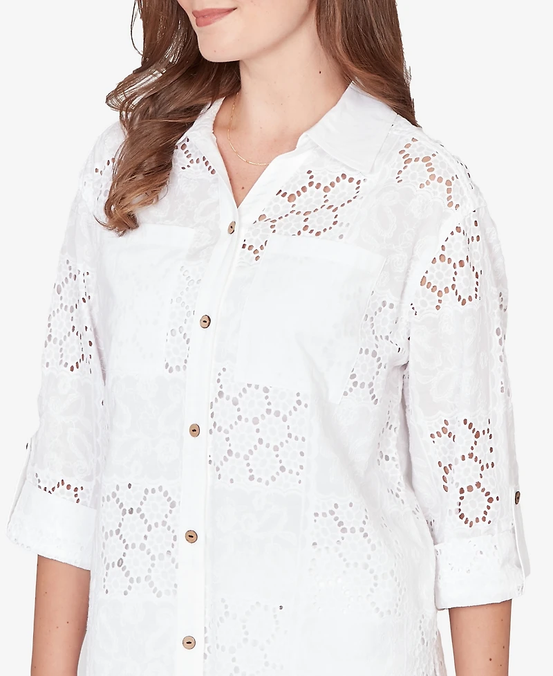 Ruby Rd. Petite Patchwork Eyelet Roll-Tab-Sleeve Top