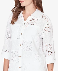 Ruby Rd. Petite Patchwork Eyelet Roll-Tab-Sleeve Top