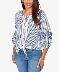 Ruby Rd. Petite Embroidered Seersucker Tie-Front Henley Top