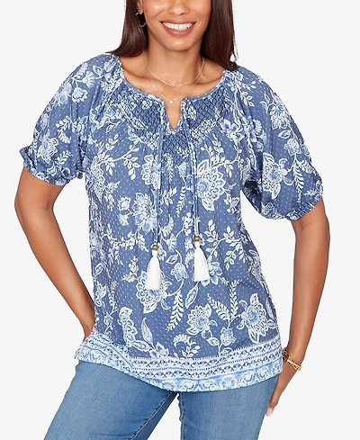 Ruby Rd. Petite Smocked Floral Clip Dot Top