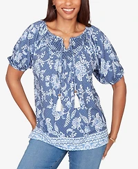 Ruby Rd. Petite Smocked Floral Clip Dot Top