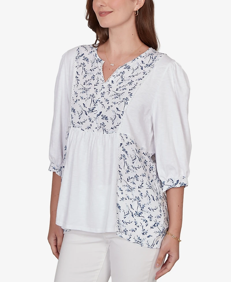 Ruby Rd. Petite Mixed Fabric Sharkbite Knit Top