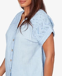 Ruby Rd. Petite Paisley Embroidered Gauze-Button T-Shirt