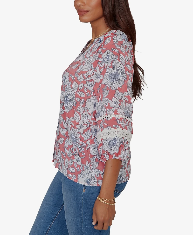 Ruby Rd. Petite Floral Silky Gauze Peasant Button-Front Top