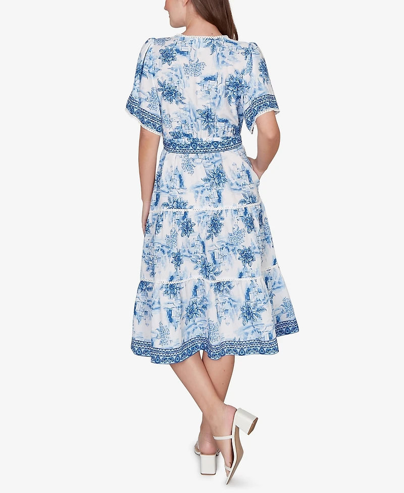 Ruby Rd. Petite Floral Toile Tie-Waist Tiered Dress