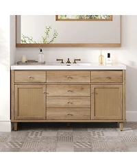 Busdays Bathroom Vanity with Smc Sink, Modern Storage Cabinet with Soft-Close Drawers and Rattan Doors, Silver Metal Knobs, 5 Pine Legs