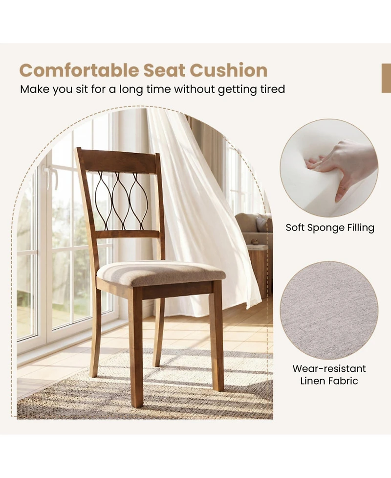 Gouun Set of 2 Linen Upholstered Dining Chairs with Hollowed Back and Rubber Wood Frame