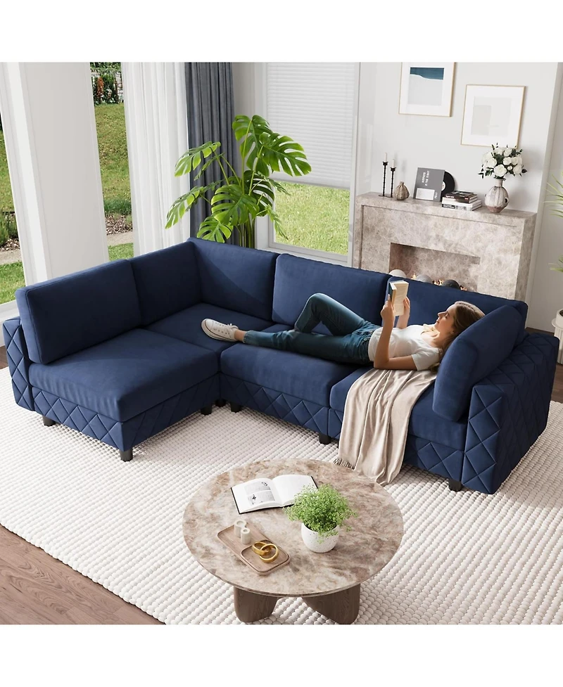 gaomon 103" Modular Sectional Sofa, L-Shaped Velvet Cloud Couch, 4-Seat Upholstered Sofa