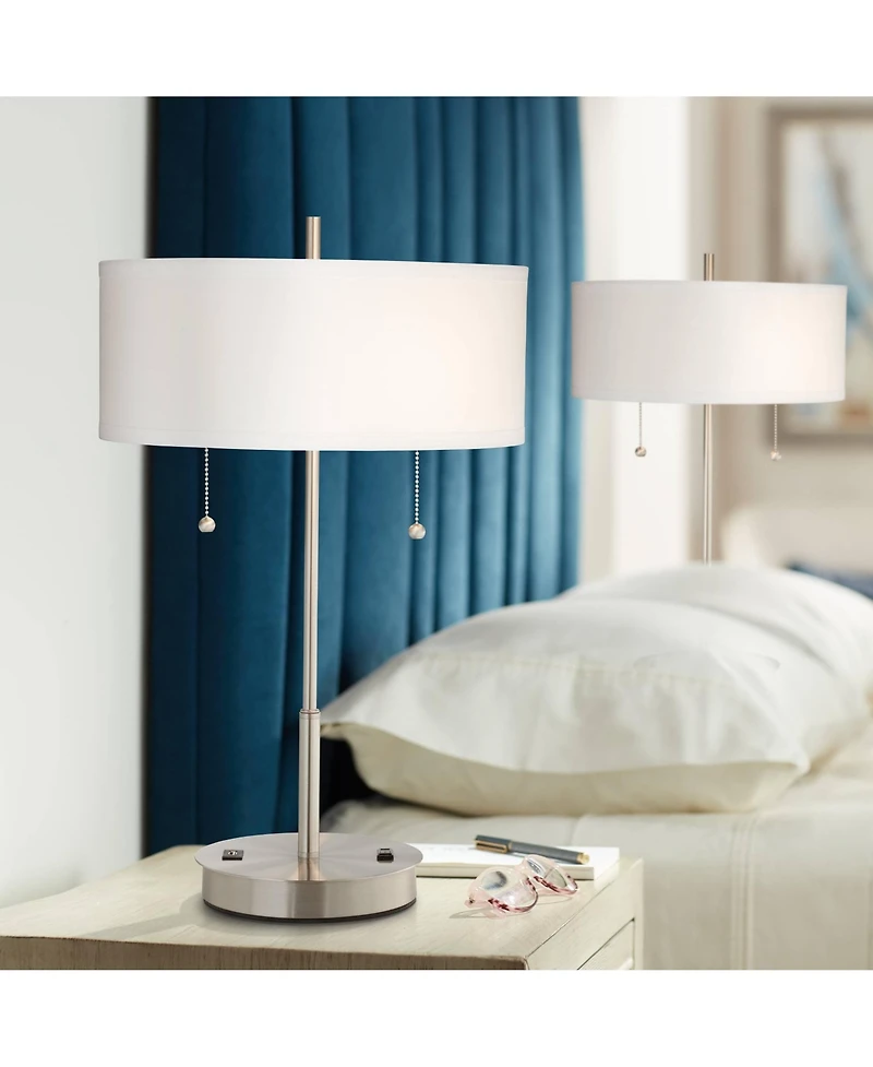 360 Lighting Nikola Modern Accent Table Lamps 23 3/4" High Set of 2 with Usb and Ac Power Outlet in Base Drum Shade for Bedroom Home Desk