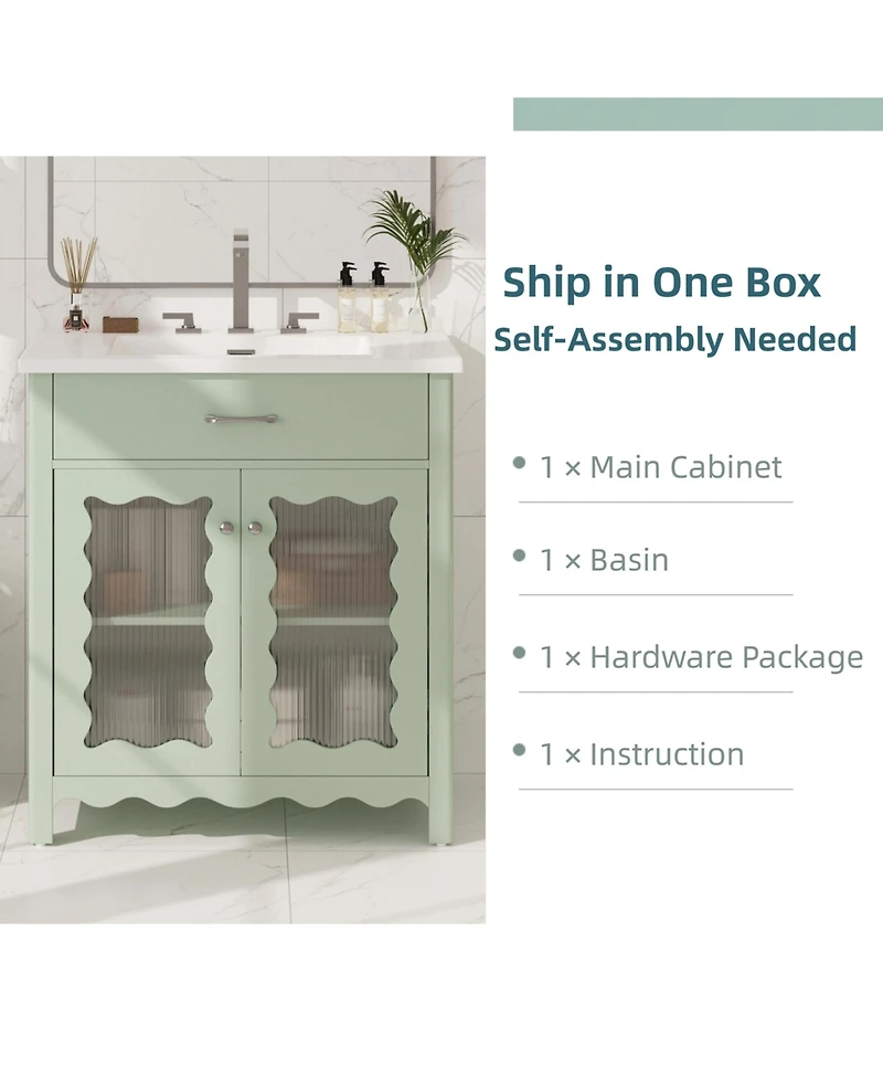 Busdays 30" Bathroom Vanity with Tempered Glass, Modern Cabinet with Rubber Wood Legs and Soft-Close Doors