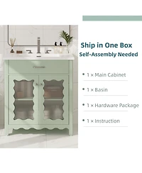 Busdays 30" Bathroom Vanity with Tempered Glass, Modern Cabinet with Rubber Wood Legs and Soft-Close Doors