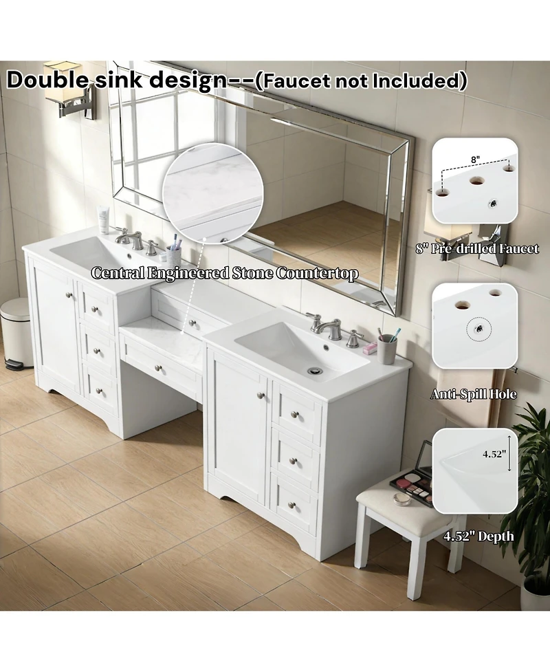 Busdays Double-Sink Bathroom Vanity, 2 Ceramic Sinks with Engineered Stone Countertop, Silver Knobs, 6 Soft-Close Drawers