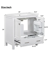 Busdays 30" White Bathroom Vanity with Single Sink, Soft-Close Undermount Sink, 2-Door Cabinet with Drawer, Solid Wood Frame