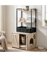 Zeus & Ruta Hidden Cat Litter Box Enclosure Furniture with 2 Shelves and 2 Baskets Modern Pet Cabinet