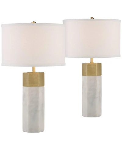 Possini Euro Design Modern Table Lamps 21" High Set of 2 Hexagonal Faux Marble and Gold Drum Shade for Living Room Family Bedroom Office