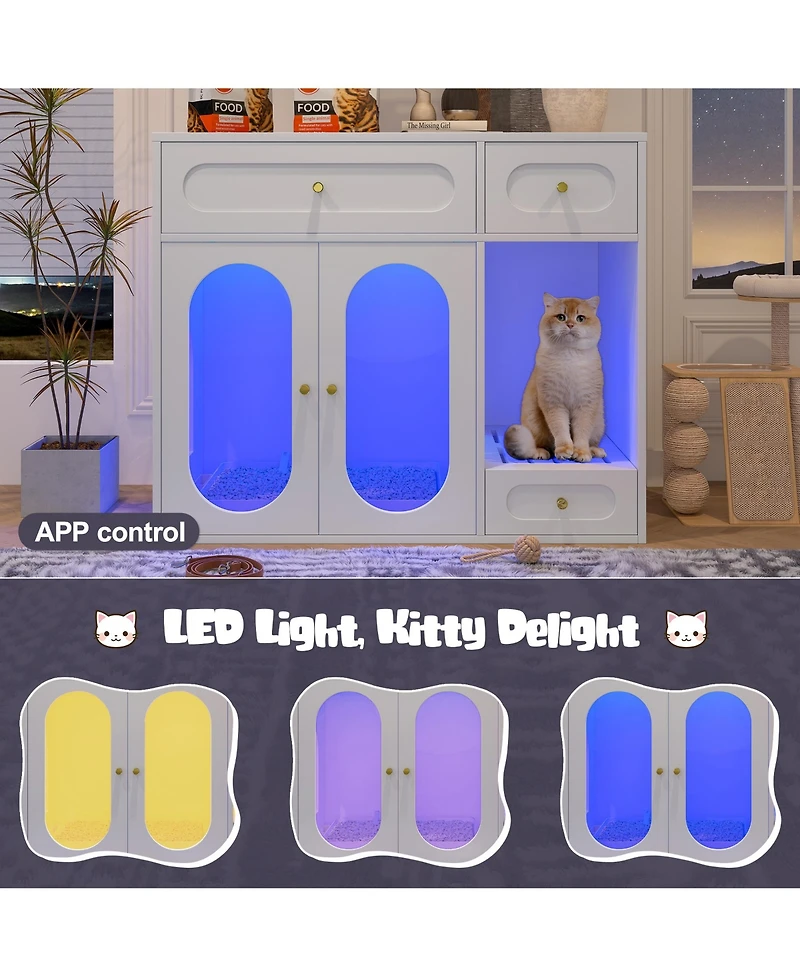Zeus & Ruta Cat Litter Box Enclosure with Led Light, Storage Drawers and Acrylic Doors