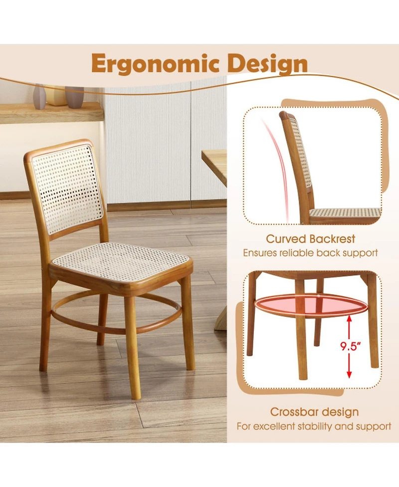 Gouun Set of 2 Boho Rattan Dining Chairs with Teak Wood Frame and Footrests