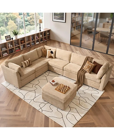 Xizzi 7-Piece Living Room Furniture Sectional Sofa, L-Shaped Deep Seat Cloud Couch with Chaise Ottoman, Comfy Corduroy Modular Couches for Home
