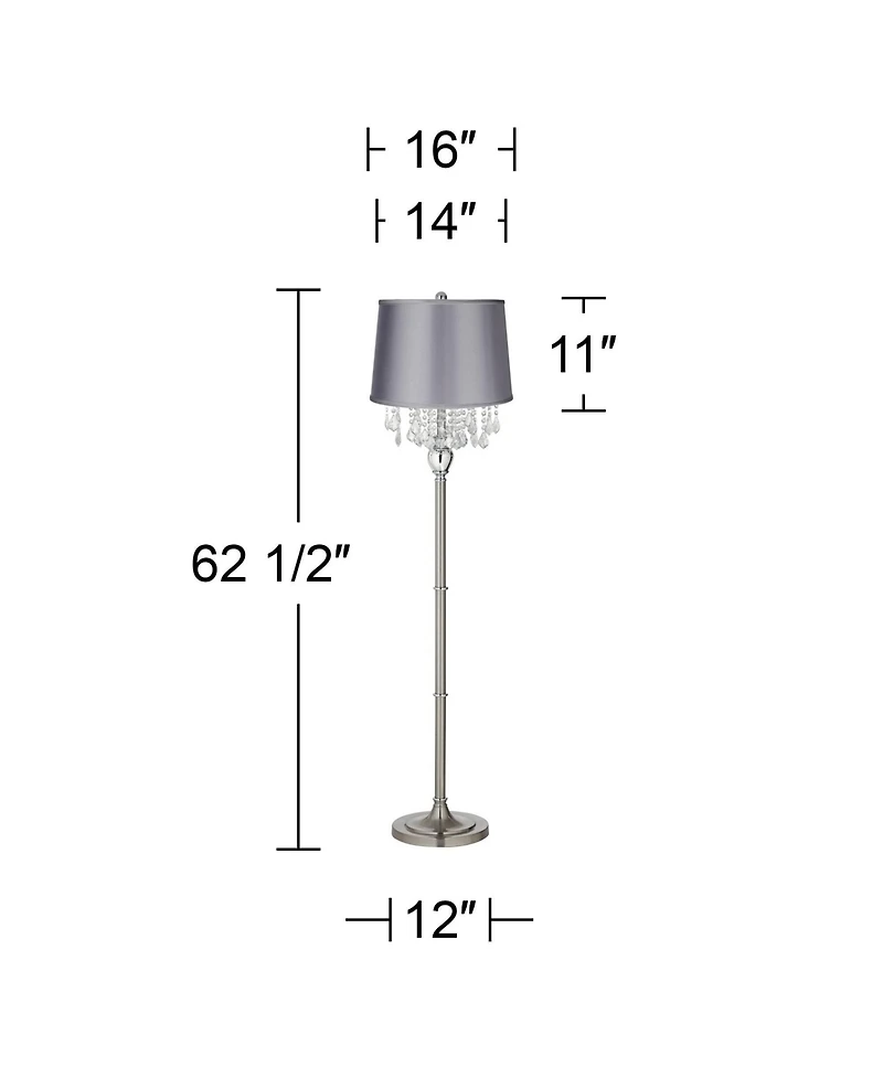 360 Lighting Modern Floor Lamp 62.5" Tall Satin Steel Chrome Crystal Chandelier Satin Drum Shade for Living Room Reading Bedroom