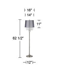 360 Lighting Modern Floor Lamp 62.5" Tall Satin Steel Chrome Crystal Chandelier Satin Drum Shade for Living Room Reading Bedroom