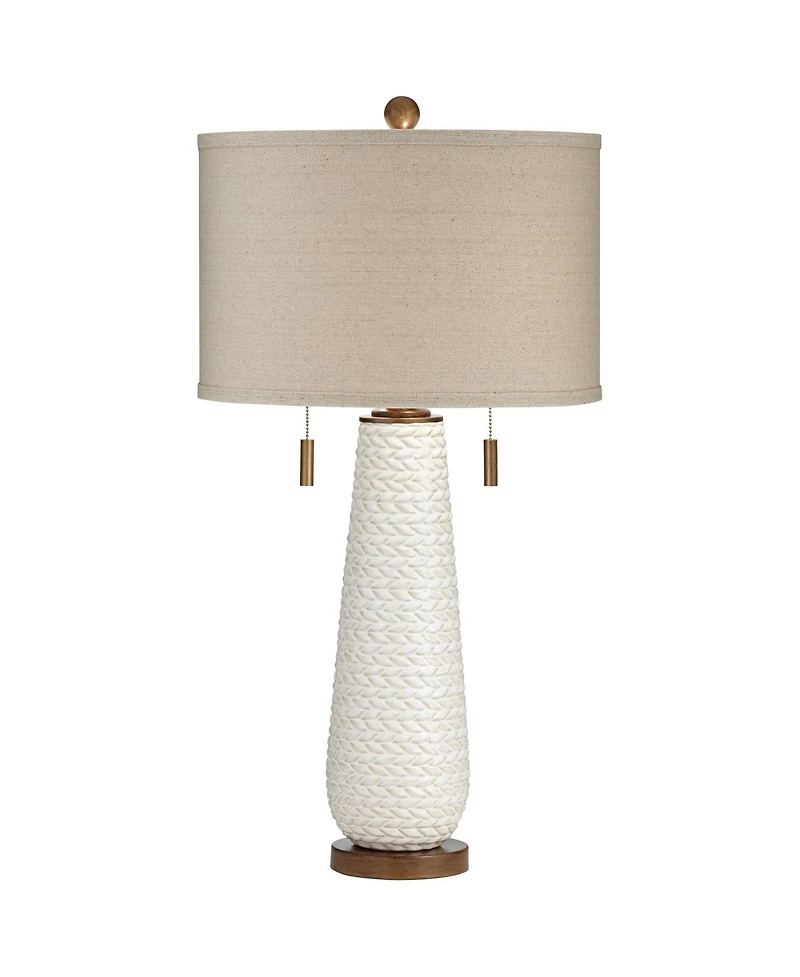 Possini Euro Design Mid-Century Modern Table Lamp with Usb Charging Port 32.75" Tall Ceramic Taupe Drum Shade Living Room Bedroom House