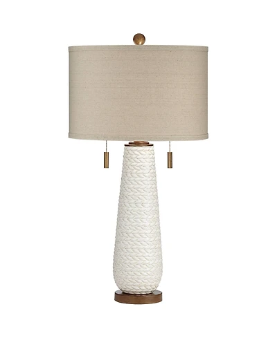 Possini Euro Design Mid-Century Modern Table Lamp with Usb Charging Port 32.75" Tall Ceramic Taupe Drum Shade Living Room Bedroom House