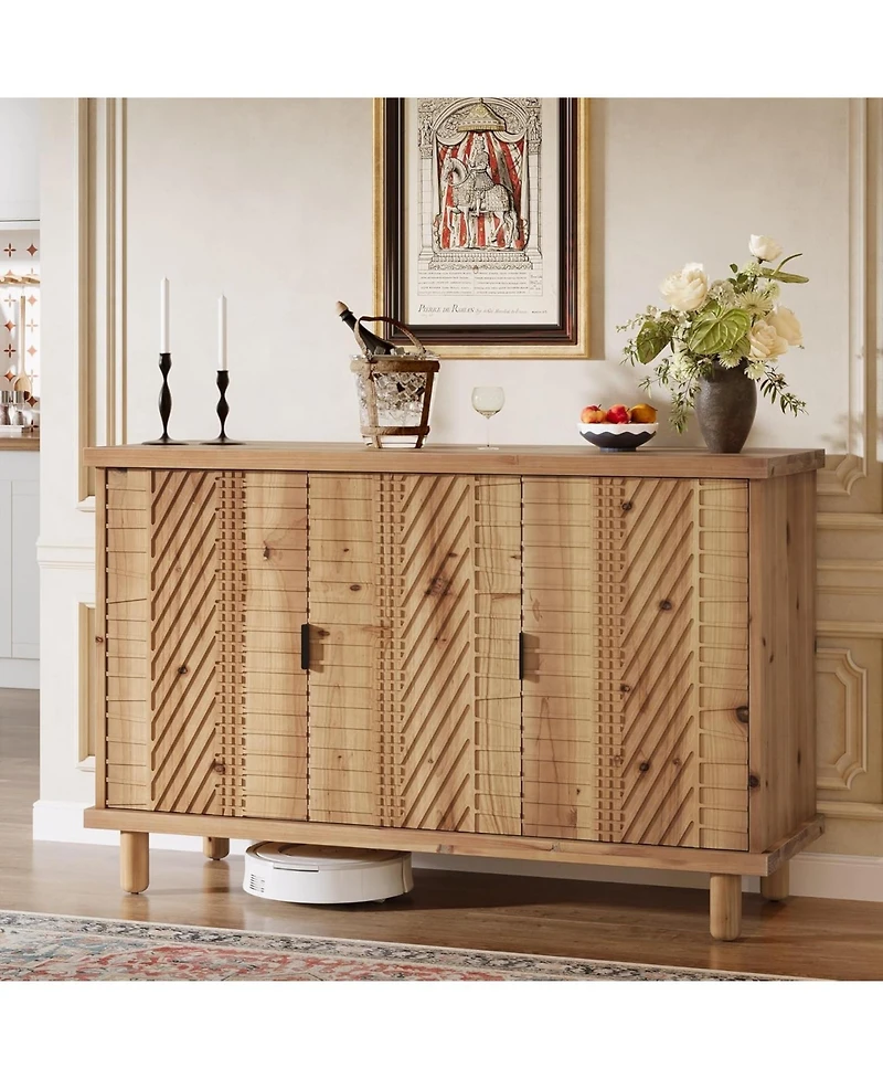 Tribesigns Solid Wood Buffet Cabinet with Storage, Farmhouse Sideboard Cabinet with 3 Doors and 2 Adjustable Shelves, Mid Century Modern Sideboard